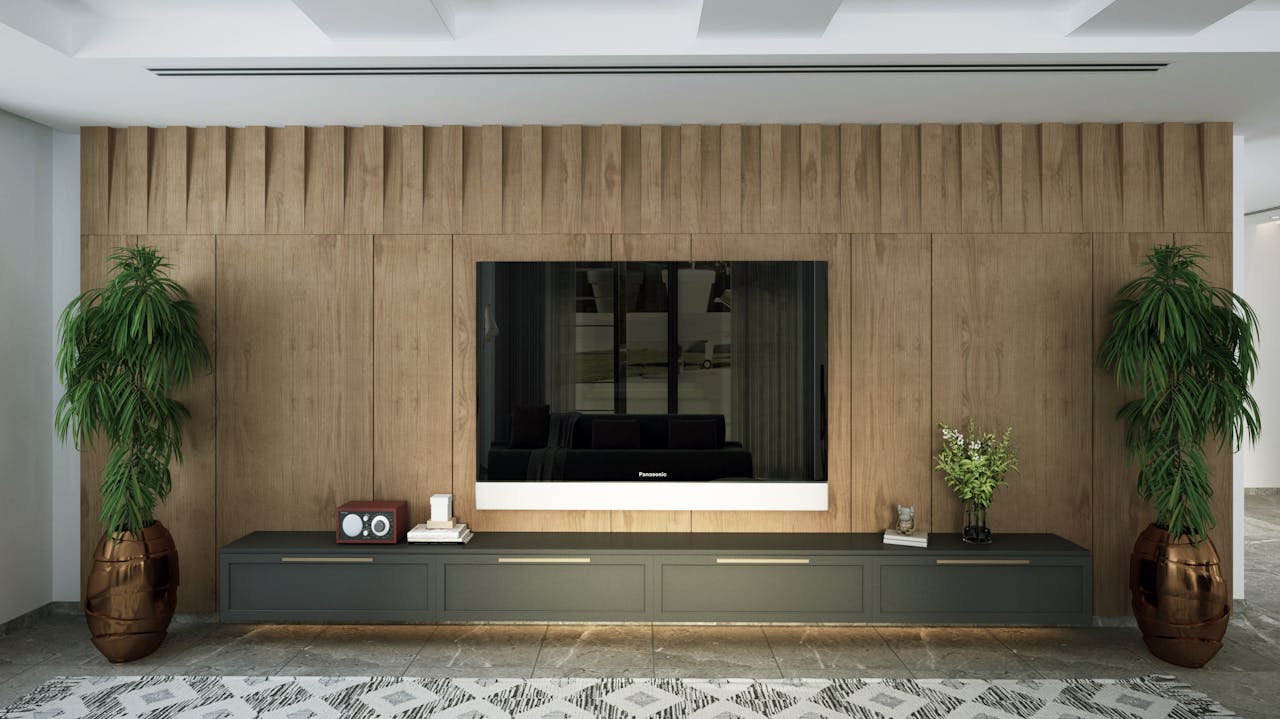 Contemporary living room interior featuring a wooden wall and mounted TV.